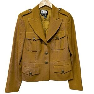 DKNY Dark Gold Wool Military Chic Blazer Dark Academia Utility Retro Tailored 10